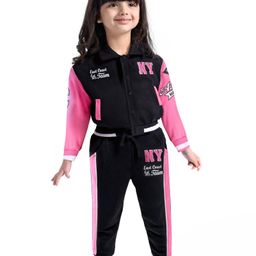 Babyhug Terry Knit Full Sleeves Bomber Jacket & Lounge Pant Set With Text Print - Black & Pink-image-66