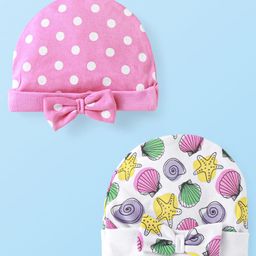 Babyhug 100% Cotton Knit Tie Knot Cap Beach Theme & Polka Dot Print Pack of 2 - Pink & White-picture-17