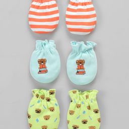 Babyhug 100% Cotton Interlock Knit Mittens With Stripes & Animal Print Pack Of 3 - Light Green Light Blue & Orange-20