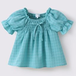 Mark & Mia Half Puffed Sleeves Solid Color Textured Top with Smocking - Turquoise-image-80