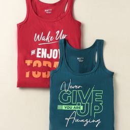 Bodycare Cotton Knit Sleeveless Vests with Never Give Up Text Print Pack of 2 - Teal Blue & Red-image-45