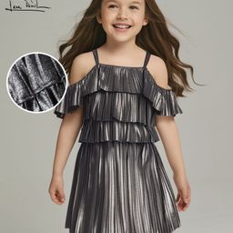 Arias Woven Sleeveless Metallic Pleated Fabric Layered Top & Skirt Set - Black-image-52