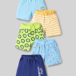 Doodle Poodle 100% Cotton Knit Knee Length Shorts With Animal & Stripes Print Pack Of 5 - Yellow Light Blue & Navy Blue-image-97