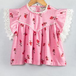 Hugsntugs Woven Cotton Flutter Sleeves Checked & Floral Printed Lace Detailed Top - Pink-image-1