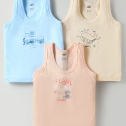 Zero Sinker Knit Sleeveless Vests with Animal & Train Print Pack of 3 - Peach Aqua & Beige-image-86