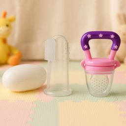 Badal Kidz Fruit Feeder Nibbler With Baby Silicone Finger Brush/Oral Brush/Baby Tounge Cleaner - Pink & White (Pack Of 2)-picture-23