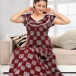 NIGHTY KING Women Ethnic Motifs Printed Round Neck Maxi Nightdress-picture-30