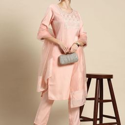Anouk Women Peach-Coloured Ethnic Motifs Thread Work Kurta with Trousers & With Dupatta-picture-1