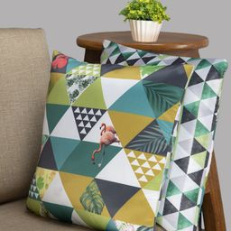 HOUZZCODE Green & Black Printed Set of 2 Geometric Square Cushion Covers-26