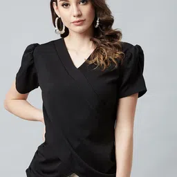 Athena Black Wrap Top With Puffed Sleeves-picture-41