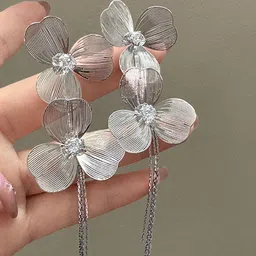 KRENOZ Silver-Plated Rhinestones Studded Floral Shaped Drop Earrings-19