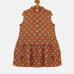 Kiddopanti Kids Orange Floral Print Dress-image-29