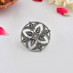 Voylla Women Silver-Plated Oxidised Cutwork Design Statement Finger Ring-image-94