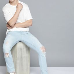 Mast & Harbour Men Blue Skinny Fit Mildly Distressed Light Fade Stretchable Jeans-image-57