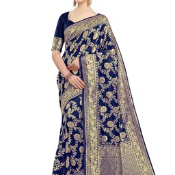 KALINI Navy Blue & Gold-Toned Woven Design Zari Silk Blend Fusion Banarasi Saree-picture-12