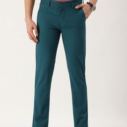 Peter England Men Teal Textured Slim Fit Regular Trousers-image-32