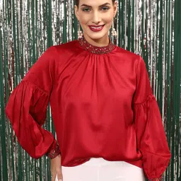 STREET 9 Jewel neck Puffed Sleeves Satin Top-51