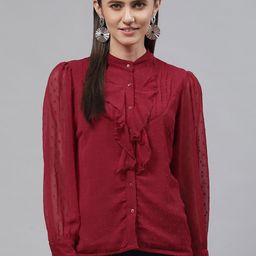plusS Women Red Poly Georgette Mandarin Collar Ruffles Top-image-55