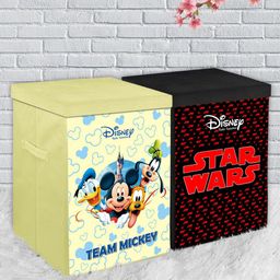 Kuber Industries Set Of 2 Disney Printed Foldable Organiser Baskets With Lid & Handles-17
