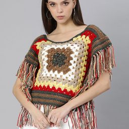 Magic Needles Women Beige & Red Self Design Pullover with Fringed Detail-image-4