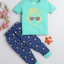 Bumzee Kids Green & Navy Printed T-Shirt with Pyjamas-image-54