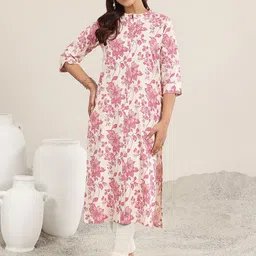 Libas Floral Printed Thread Work Band Collar Cotton Straight Kurta-image-88