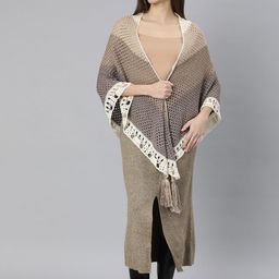 Magic Needles Women Brown & Beige Colourblocked Front-Open Poncho Style Sweater-picture-11