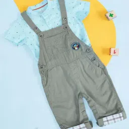 Pantaloons Baby Kids Olive & Blue Cotton Printed Dungaree Set-image-25