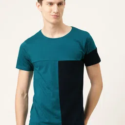 The Indian Garage Co Men Teal Blue  Navy Blue Colourblocked Round Neck Pure Cotton T-shirt-image-40