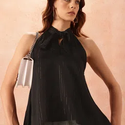 all about you Vertically Striped Knot Detail Halter Neck A-Line Top-image-18