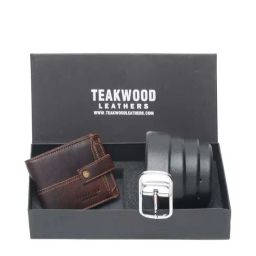 Teakwood Leathers Brown Casual Leather Bi-Fold Wallet with Belt Gift Set for Men-image-1