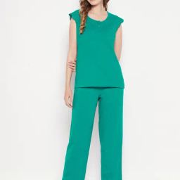 Clovia Teal Cotton Top With Pyjamas-image-24
