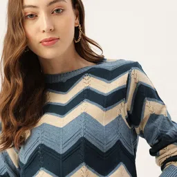 DressBerry Women Navy Blue & Beige Chevron Pullover Sweater-image-23