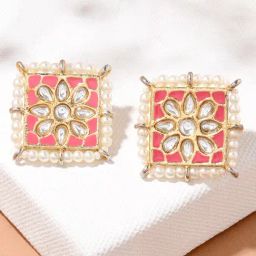 Fida Meenakari Fuchsia Pink and Pearl White Stud Earrings-image-2