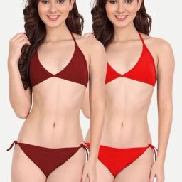 FIMS Red & Maroon Plain Bra Panty Sets - Pack Of 2-image-97