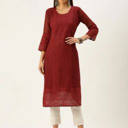 SWAGG INDIA Maroon Embroidered Straight Kurta-image-96