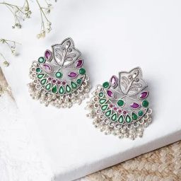 Teejh Nimrat Green & Maroon Stone Silver Oxidized Drop Earrings-40