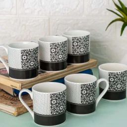 Clay Craft White & Black Ceramic Cups (0.18 L) - Set of 6-image-1