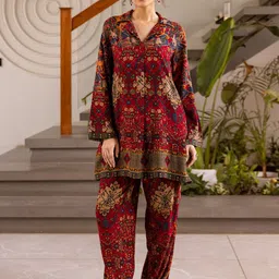 KALINI Ethnic Motifs Printed Shirt Collar Straight Tunic With Trousers-picture-16
