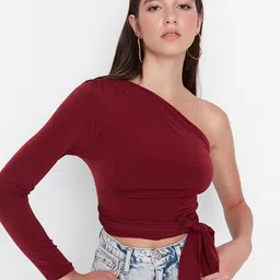Trendyol One Shoulder Waist Tie-Ups Fitted Crop Top-image-4