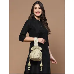 Anekaant Droop Pistachio Green and Gold Ditsy Embroidered Faux Silk Potli-picture-17