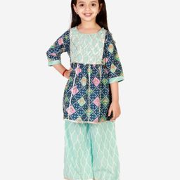 Superminis Three fourth Sleeves Floral Print  Kurti Palazzo Set -  Blue-image-41