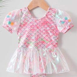 Kookie Kids Half Sleeves Frock Style Swim Suit Mermaid Design - Pink-image-14