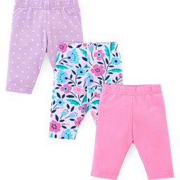 Babyhug Cotton Knit Three Fourth Leggings Dots & Floral Print Pack Of 3 - Pink & Purple-image-124