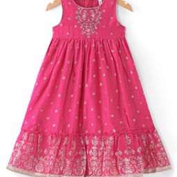 Babyhug Woven Sleeveless Ethnic Dress with Foil Print & Floral Embroidered - Fuschia-image-58