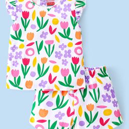 Babyhug Cotton Knit Single Jersey Frill Sleeves Night Suit With Floral Print - White-picture-43