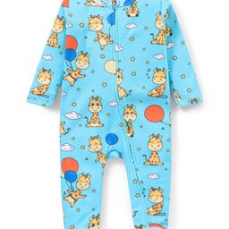 Babyhug Interlock Knit Full Sleeves Footed Sleep Suit with Giraffe Print - Blue-image-66
