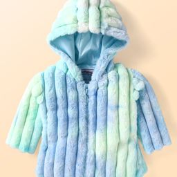 Babyhug Woven Full Sleeves Hooded Fur Jacket with Stripe Design - Blue & Green-image-82