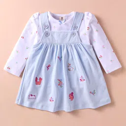 ToffyHouse Cotton Knit Floral Printed & Embroidered Frock With Full Sleeves Inner Tee - Light Blue-picture-47