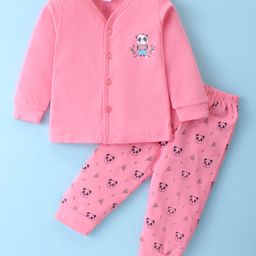 Tango Interlock Knit Full Sleeves Front Open Night Suit with Panda Print - Pink-13